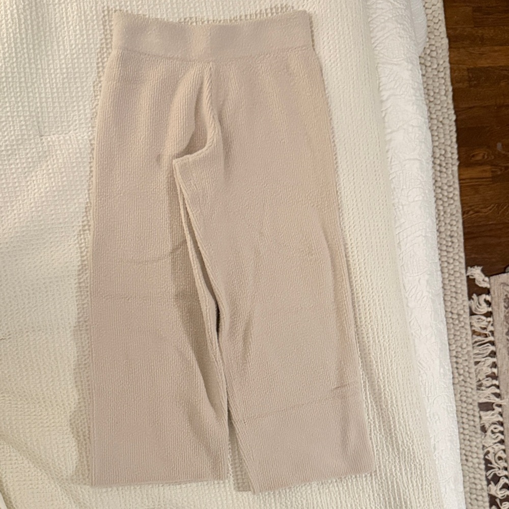 Cream Ribbed Wide-Leg Knit Sweater Pant
